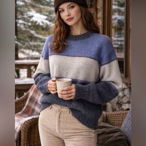 Vintage Woods Womens Large Blue Stripe Wool Blend Chunky Knit Sweater Cabin Cozy